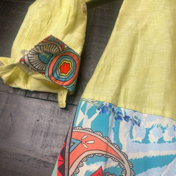 John Mark Tunic Dress Large Linen Blend Long Roll Tab Sleeve Graphic Back M - Picture 7 of 11